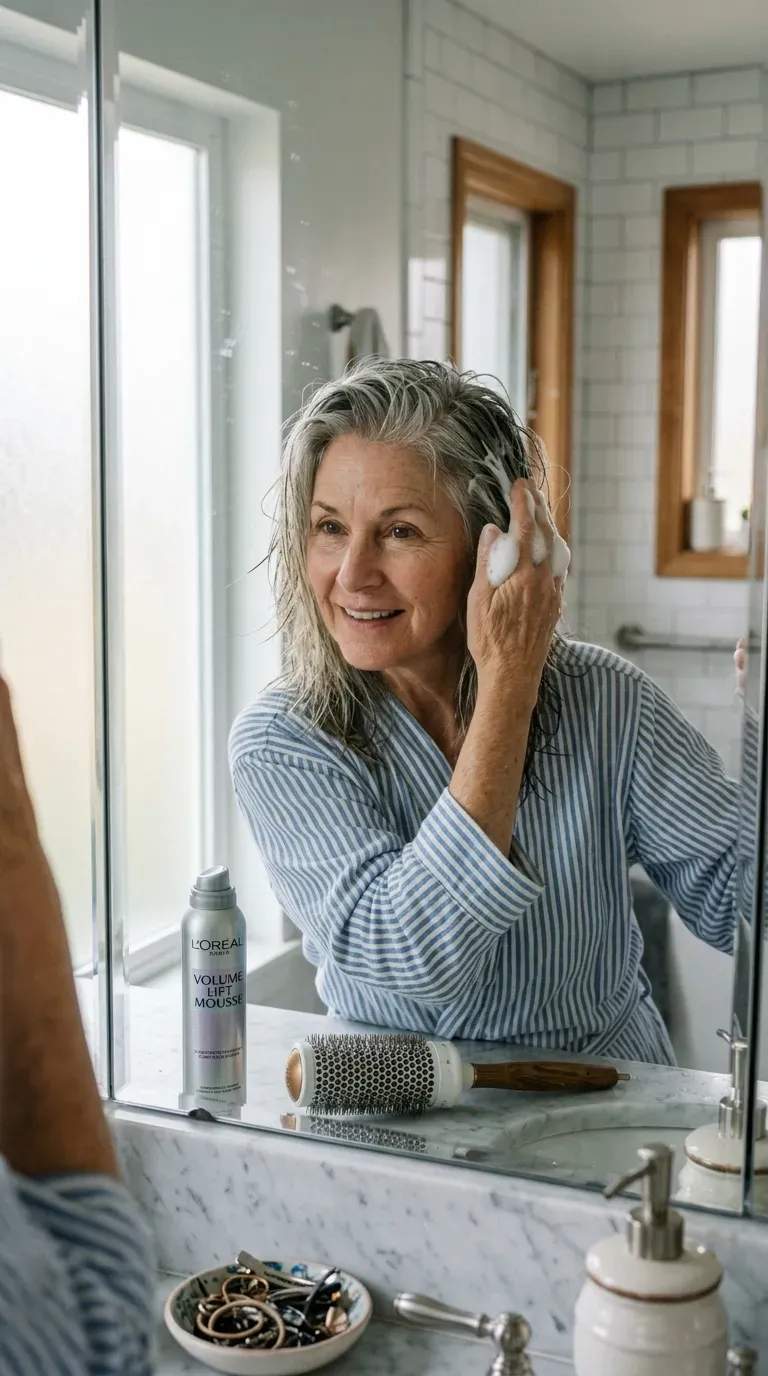 Woman applying volumizing mousse to the roots of layered thin hair before styling