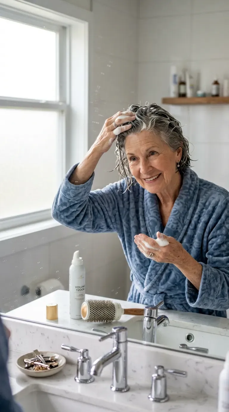 Woman over 70 applying volumizing mousse to the roots of her layered fine hair before styling