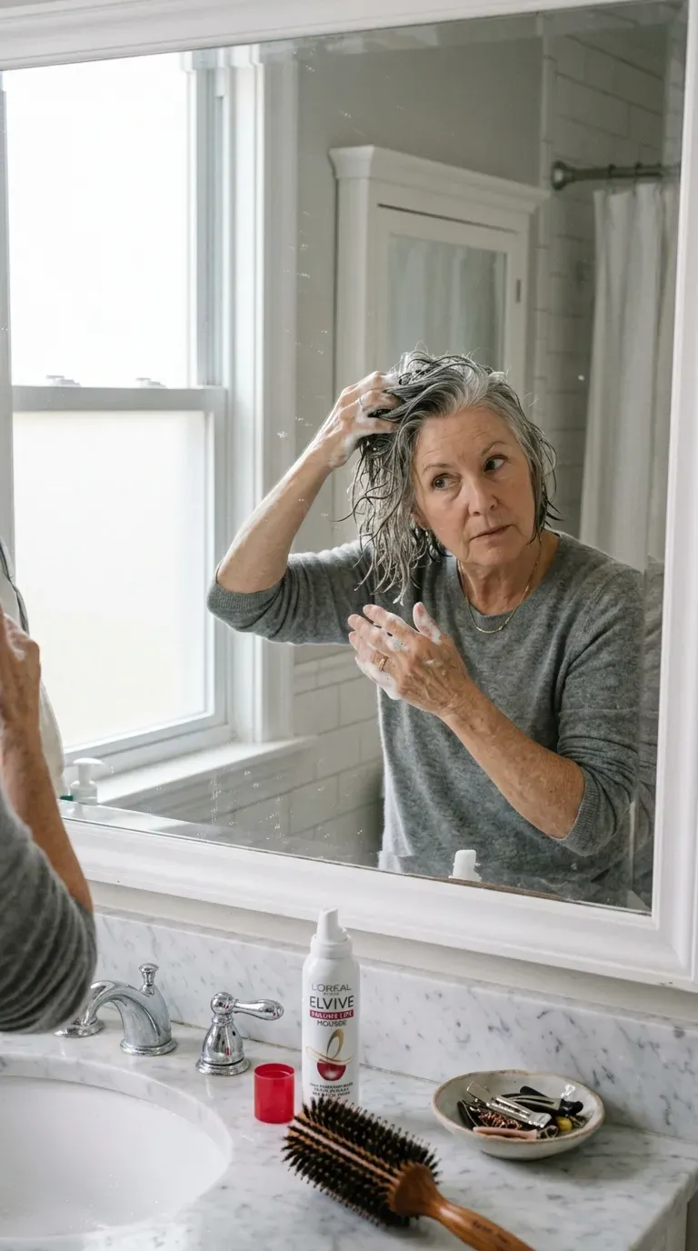 Woman applying volumizing mousse to the roots of layered thin hair before styling