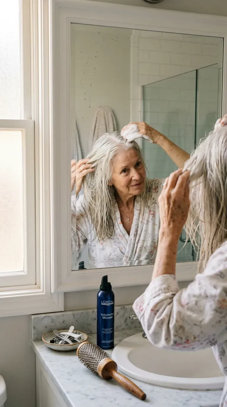 Woman over 70 applying volumizing mousse to the roots of her long layered fine hair before styling