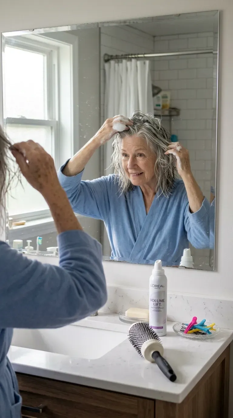 Woman over 70 applying volumizing mousse to the roots of her medium layered fine hair before styling