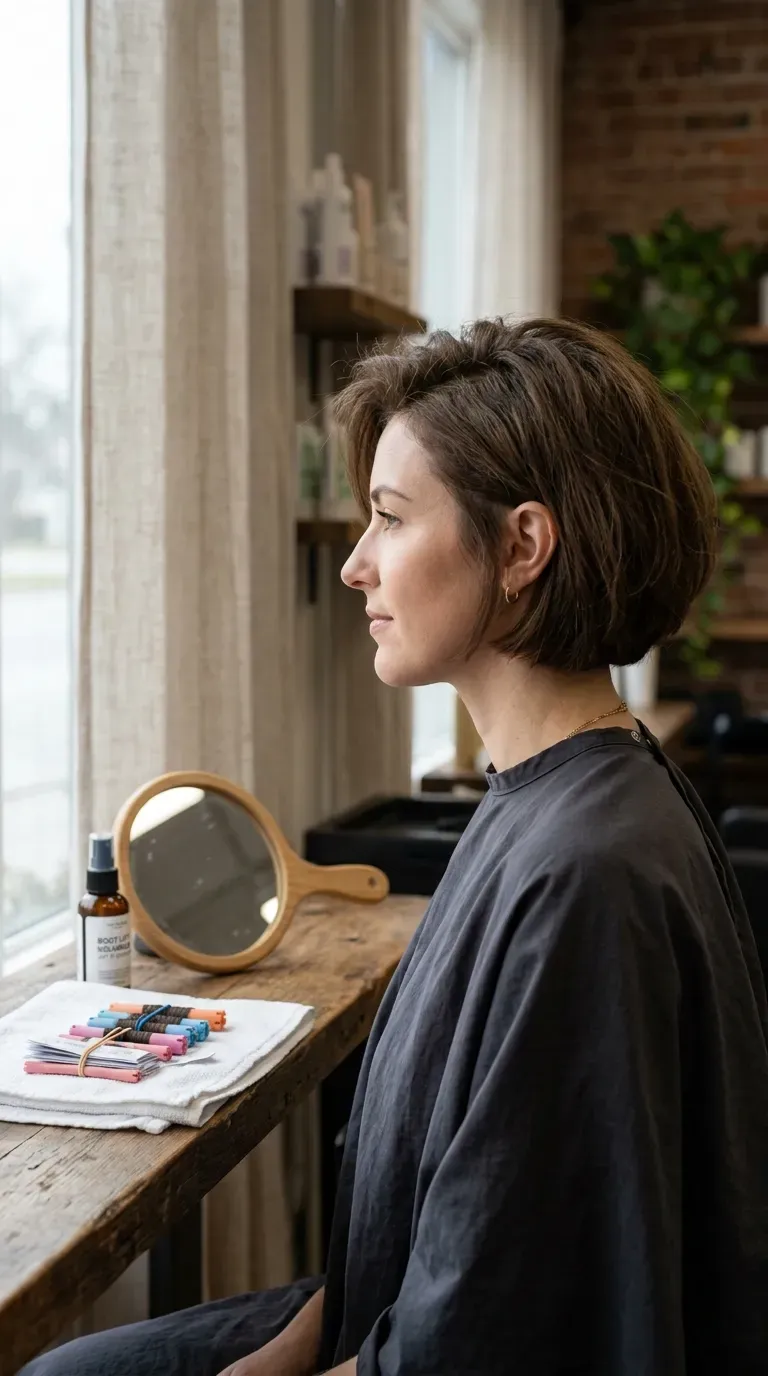 Woman with a short bob styled with a root perm for lasting lift
