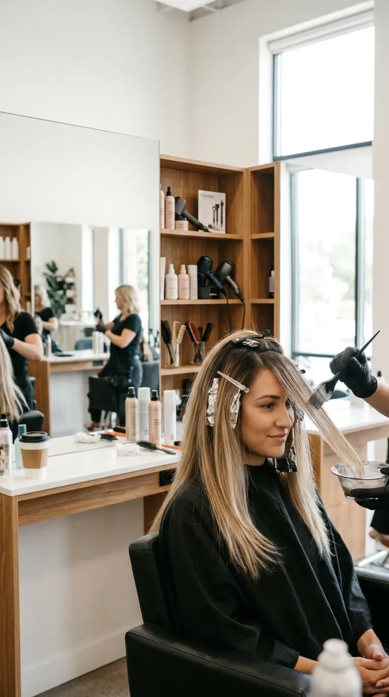 Woman with long layered hair featuring soft root-shadowed balayage color transitioning into lighter ends