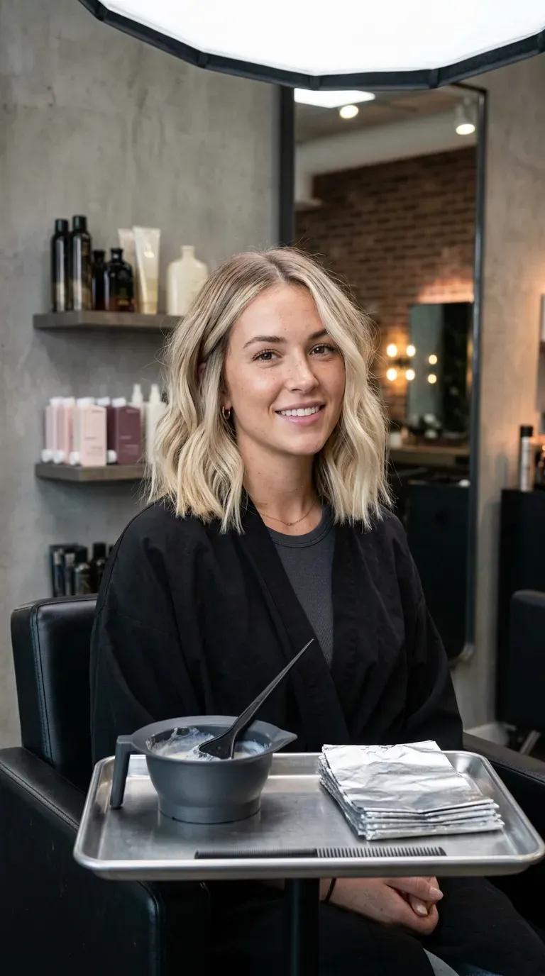 Blunt lob haircut with smudged root balayage transitioning into blonde ends