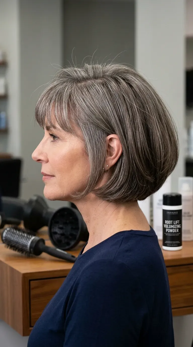 Woman over 50 with a bob and bangs styled with strong volume at the roots