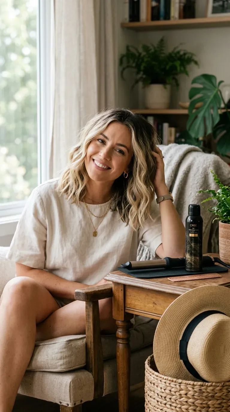 Wavy lob haircut with rooted blonde balayage and soft dark roots