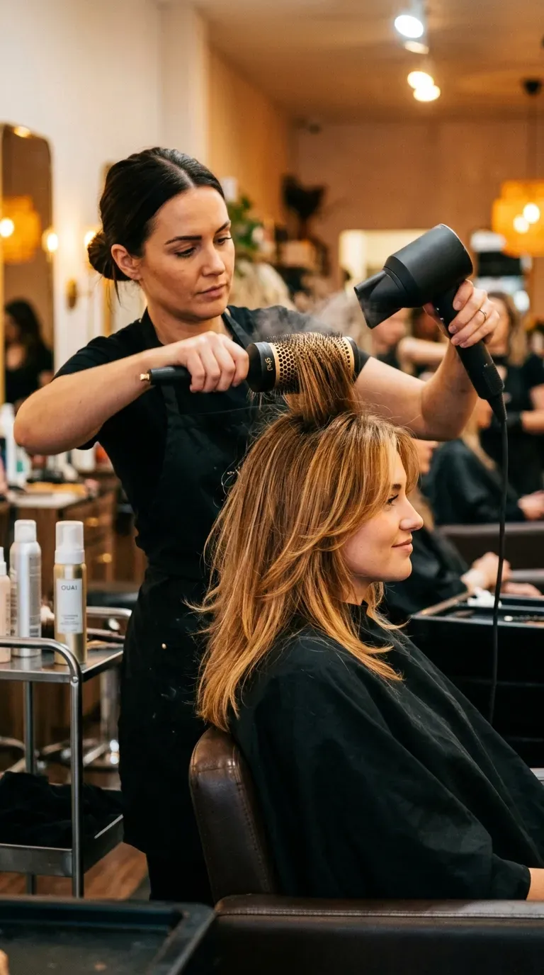 Woman getting a round-brush blowout styling her front layers with smooth volume