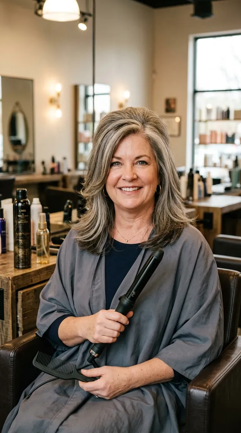 Woman over 50 with a round face styled with elongating side-parted medium layers