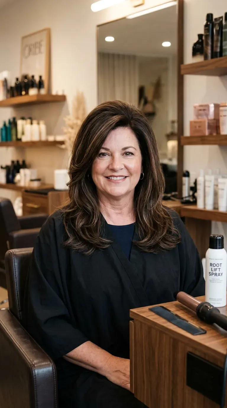 Woman over 50 with a round face styled with elongating long layers and a deep side part