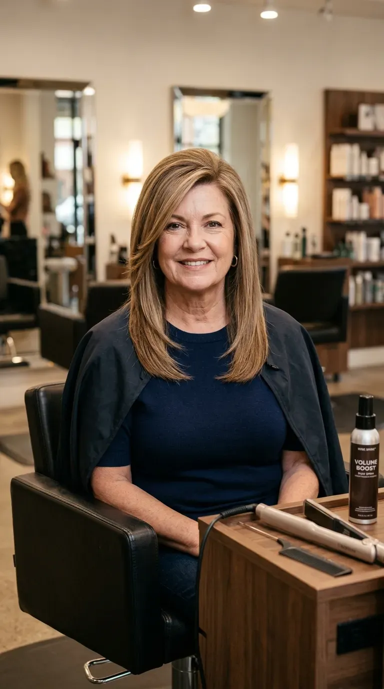 Woman over 50 with a round face styled with elongating straight layers and a deep side part