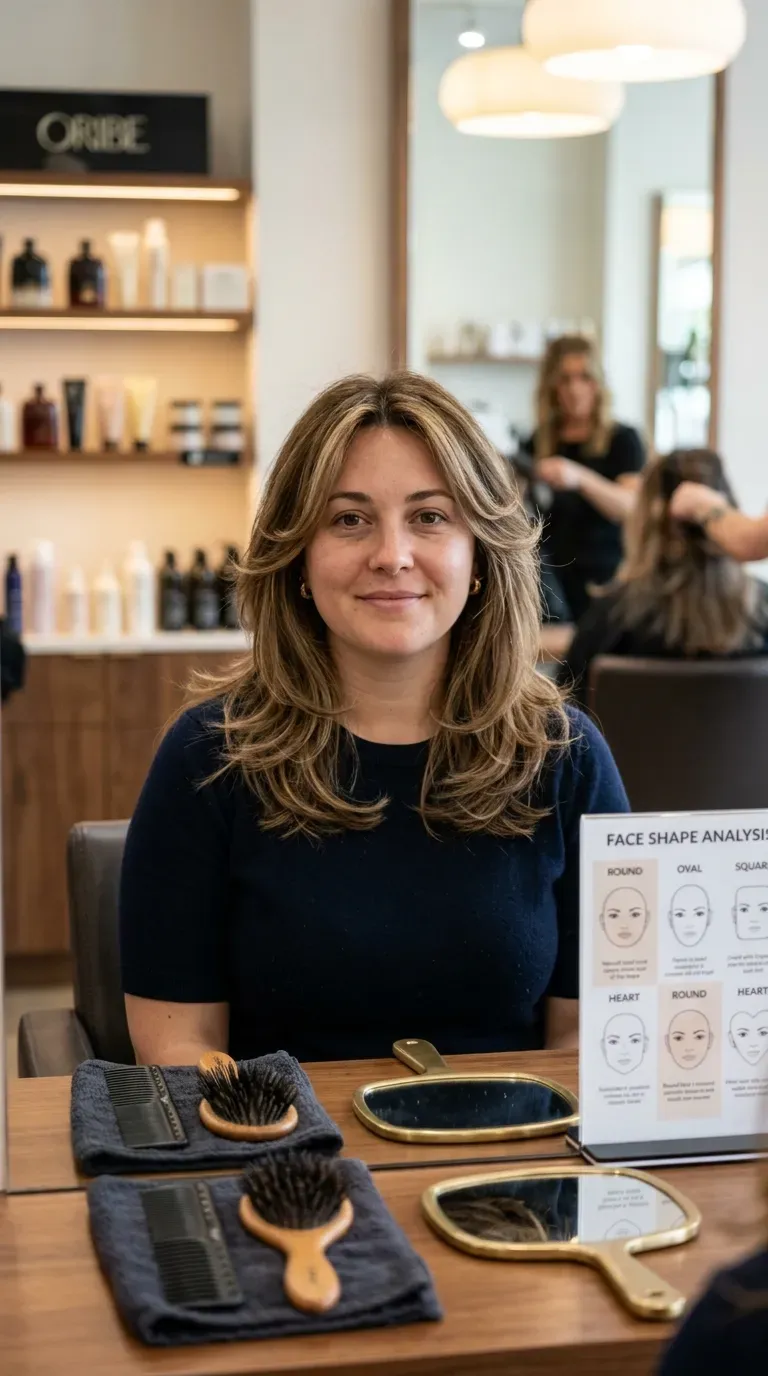 Woman with round face wearing elongating layered haircut with lifted front pieces
