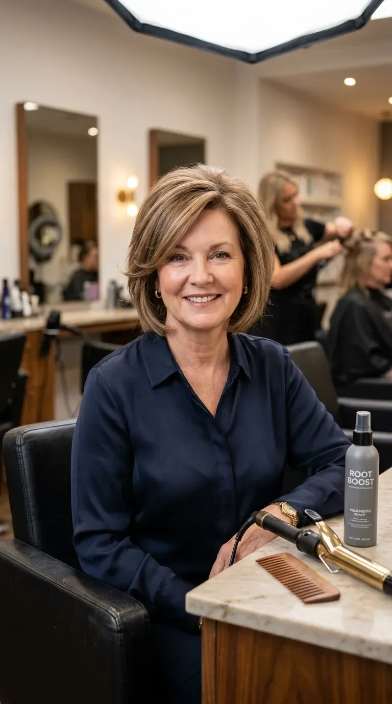Woman over 50 with a round face and fine hair styled with height-adding slimming layers