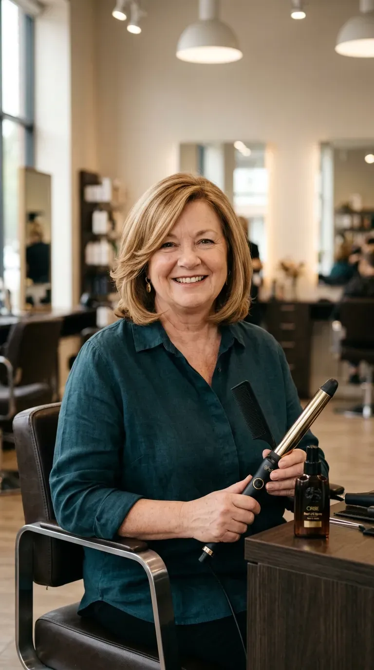 Woman over 50 with a round face styled with slimming below-chin front layers