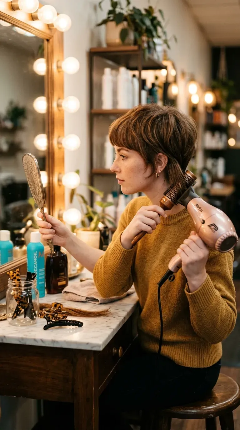 Woman with softly rounded bangs on a modern bowl-inspired pixie