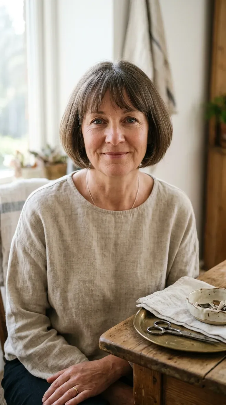 Woman over 50 with a rounded bob and soft, wispy fringe framing the forehead