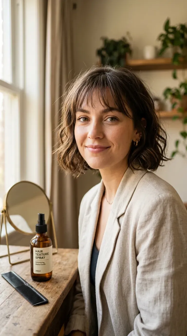 Woman with thin see-through bangs above a lightly textured bob