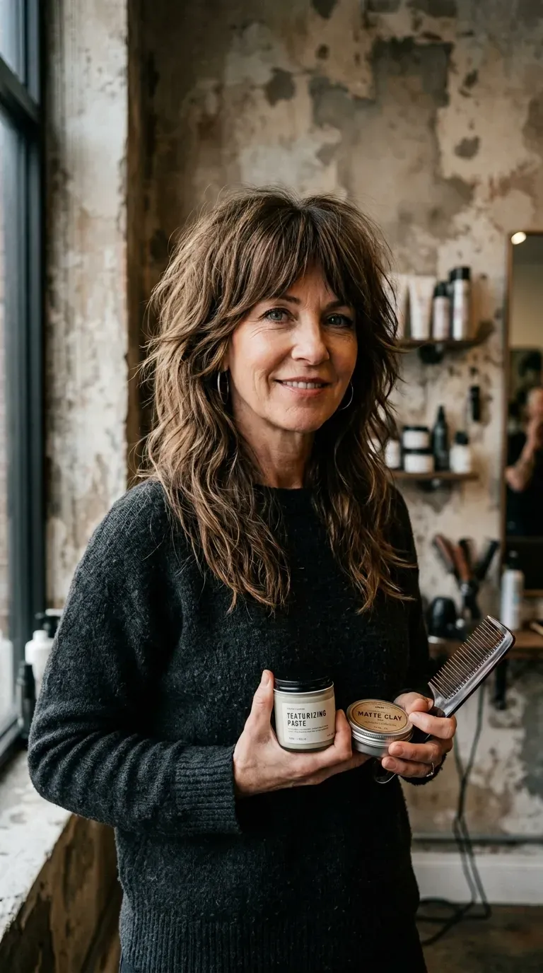 Woman over 50 with shag-inspired long layered hair featuring choppy piece-y ends