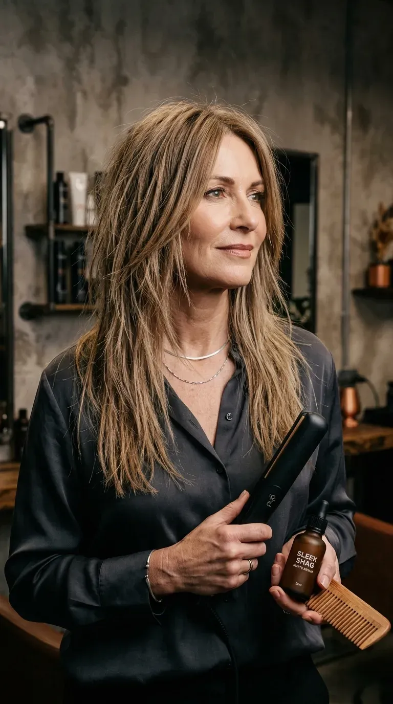 Woman over 50 with shag-inspired long layered hair styled pin straight for a sleek finish
