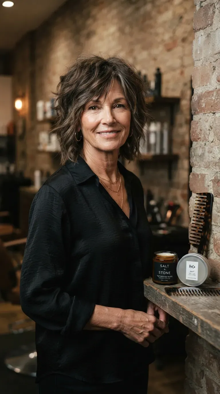 Woman over 50 with shag-inspired medium layered hair featuring choppy piece-y ends