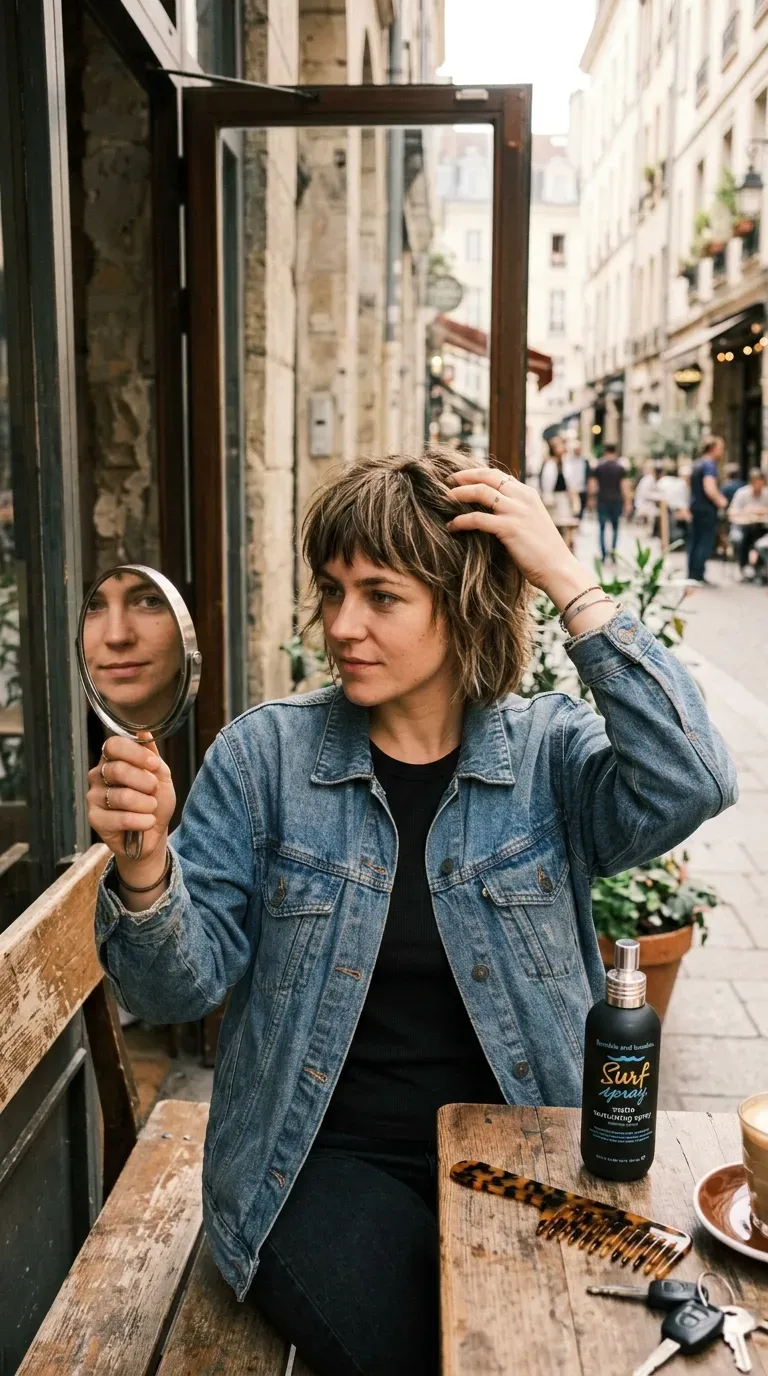 Woman with shaggy bangs blending seamlessly into a short shag cut