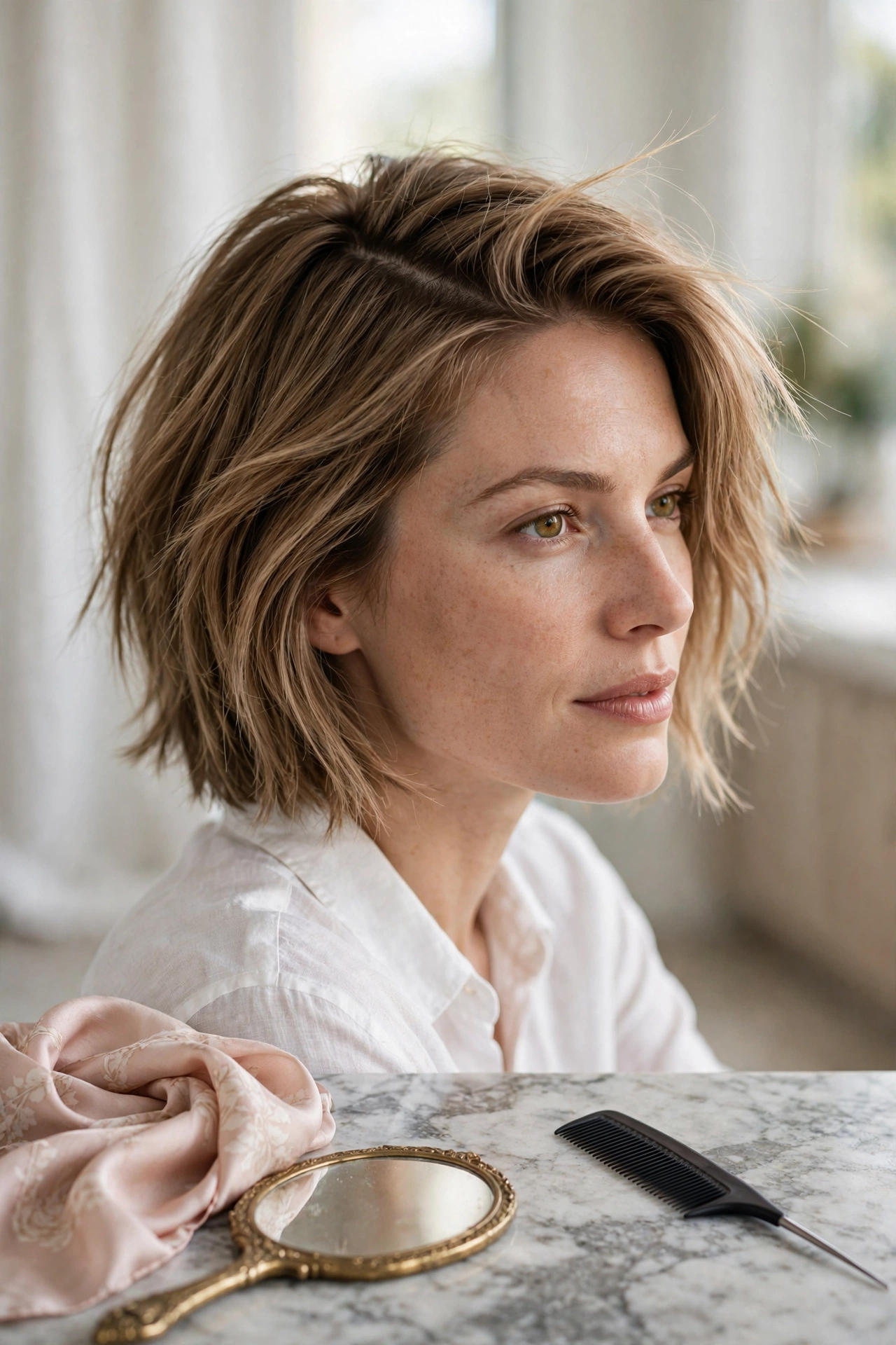 Woman with thin fine hair wearing a shaggy bob styled off a deep side part