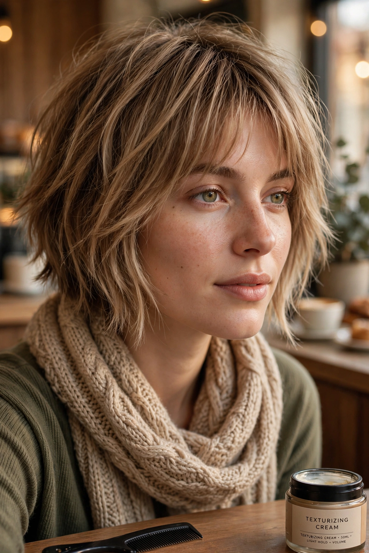 Woman with thin fine hair wearing a shaggy bob with noticeably longer layers at the front
