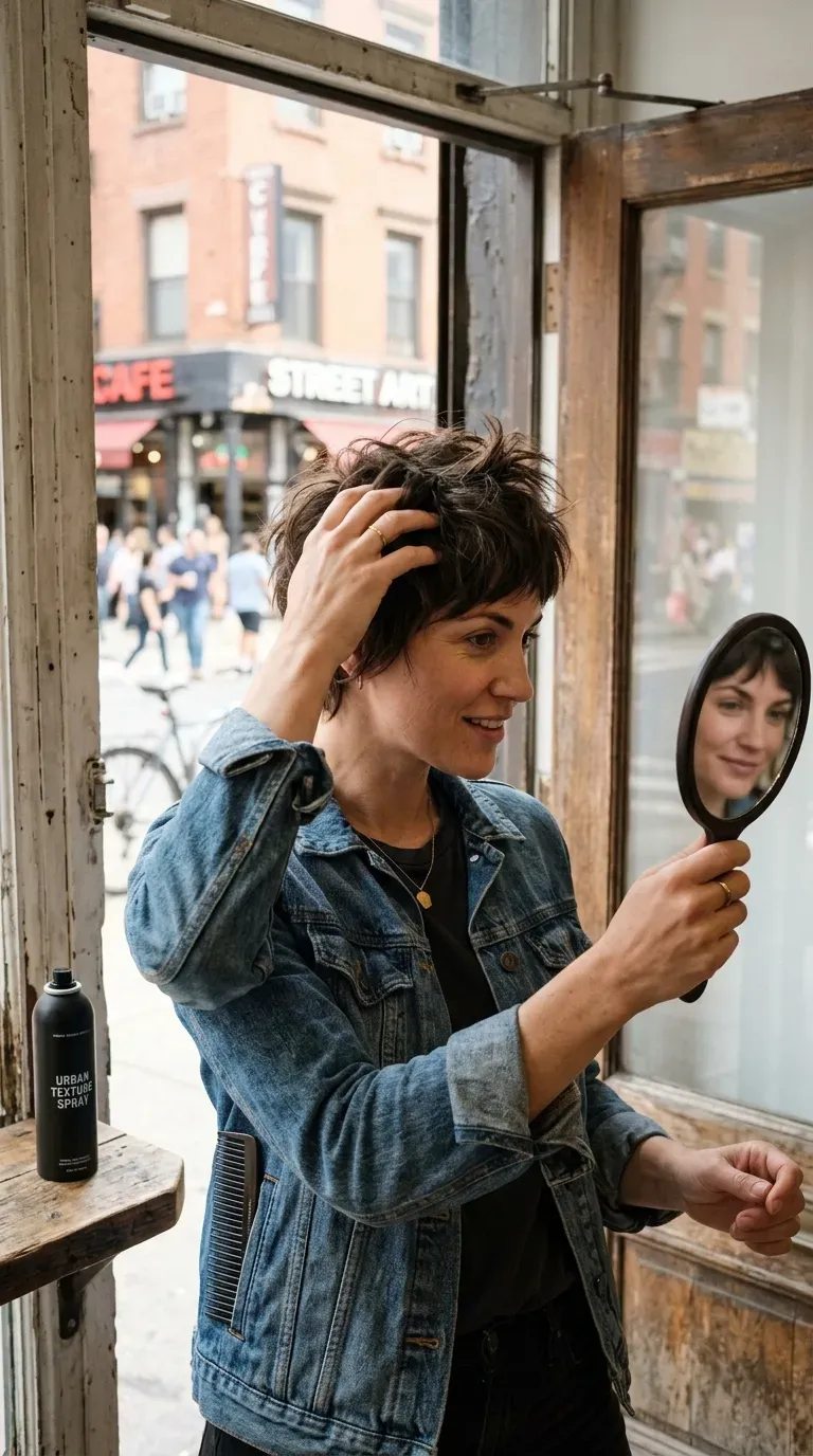 Woman with a shaggy pixie cut showing choppy layered texture