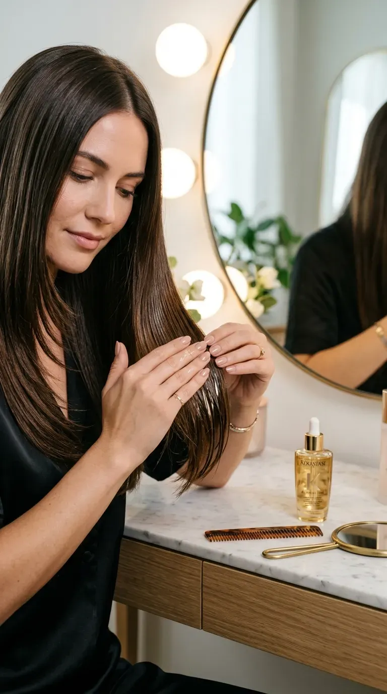 Woman applying shine serum to polished long layered straight hair