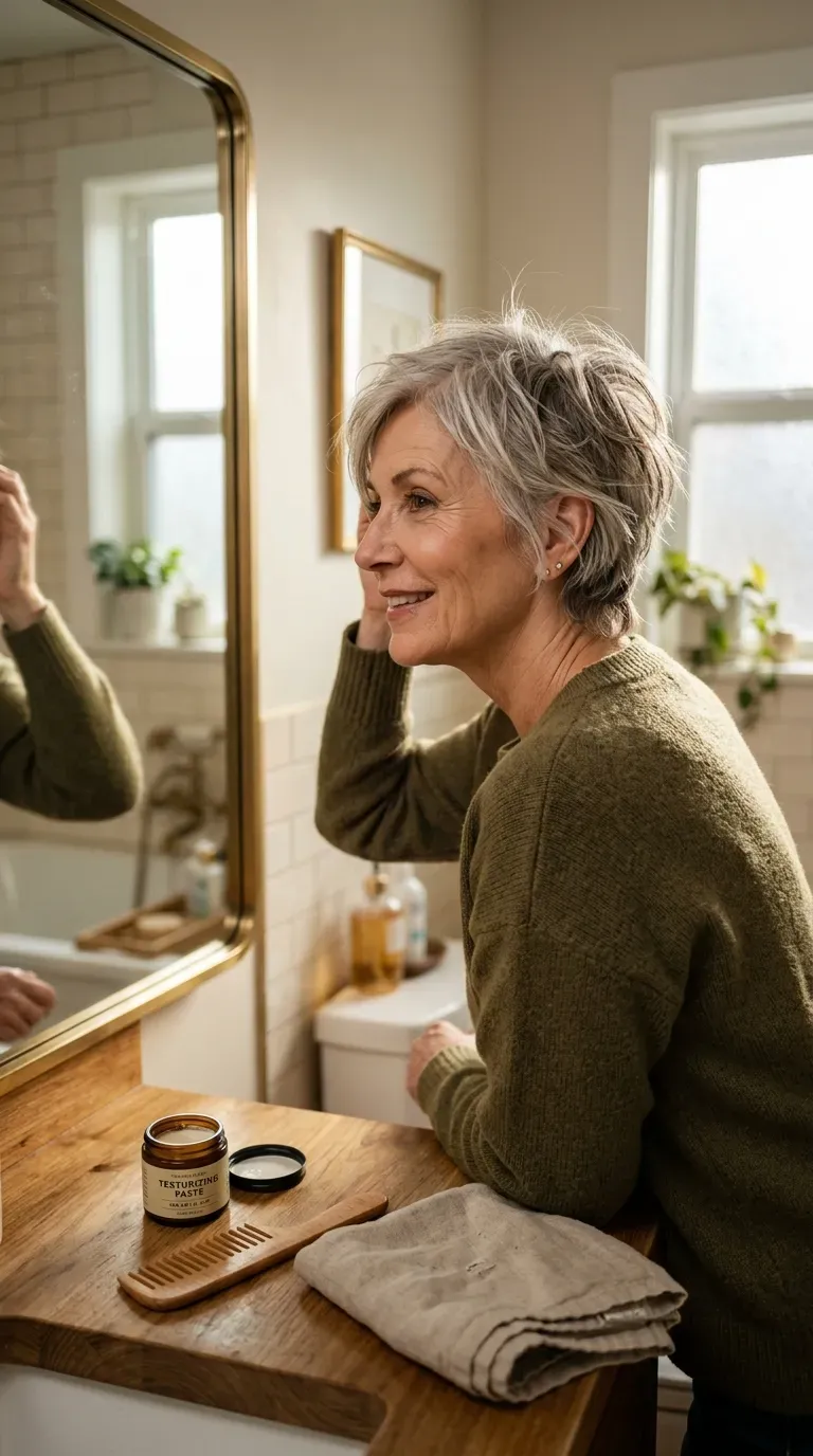 Woman over 60 with a short haircut featuring choppy, textured layers throughout