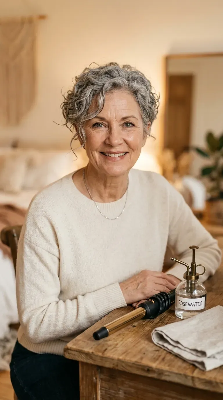 Woman over 60 with a short crop styled with soft, curled ends for added fullness