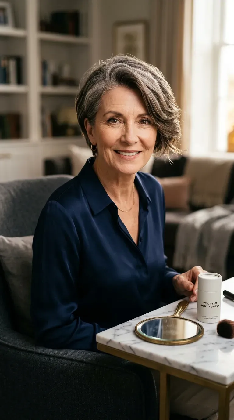 Woman over 60 with a short crop styled with extra volume on one side
