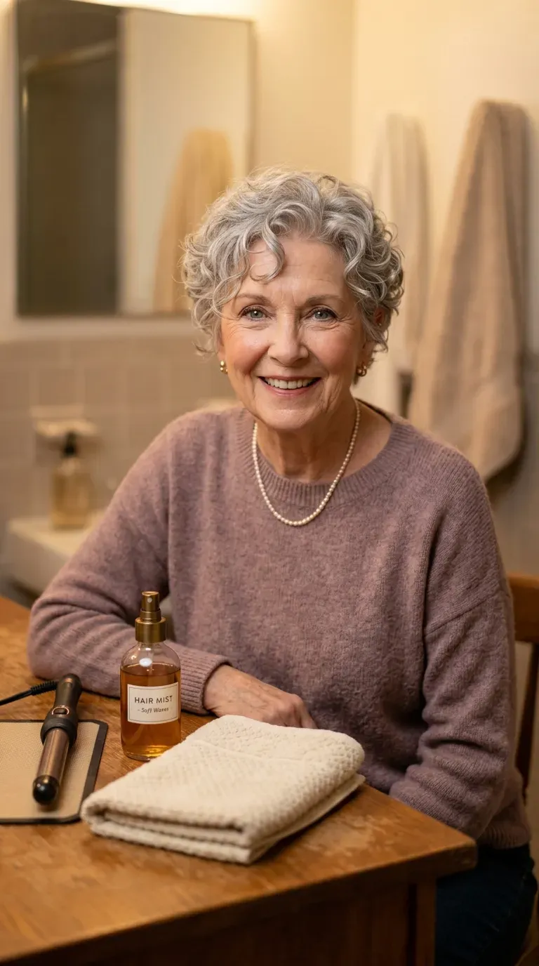 Woman over 70 with a short crop styled with soft, gentle curls throughout