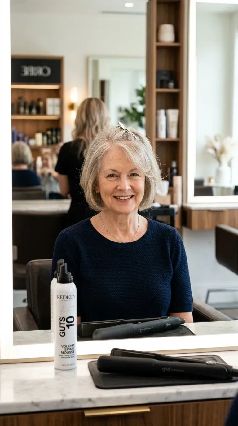 Woman over 50 with fine thinning hair styled with short lifted face-framing layers