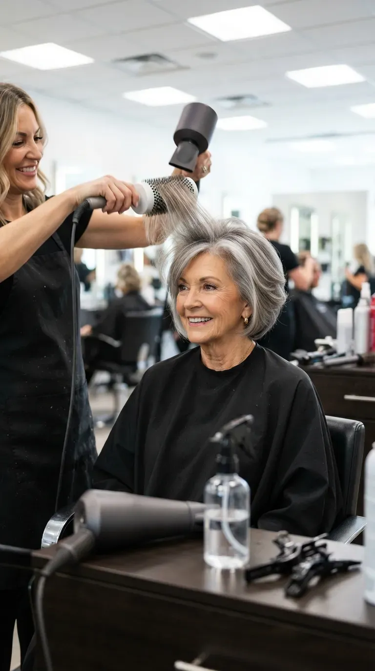 Voluminous blow-out crop haircut on an older woman with lifted roots