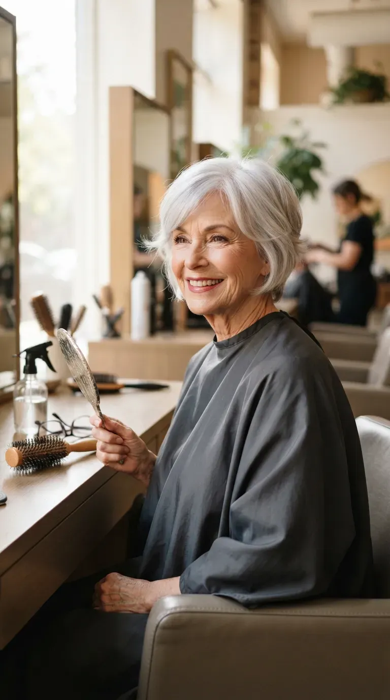 Older woman with a classic soft pixie haircut and gentle layers