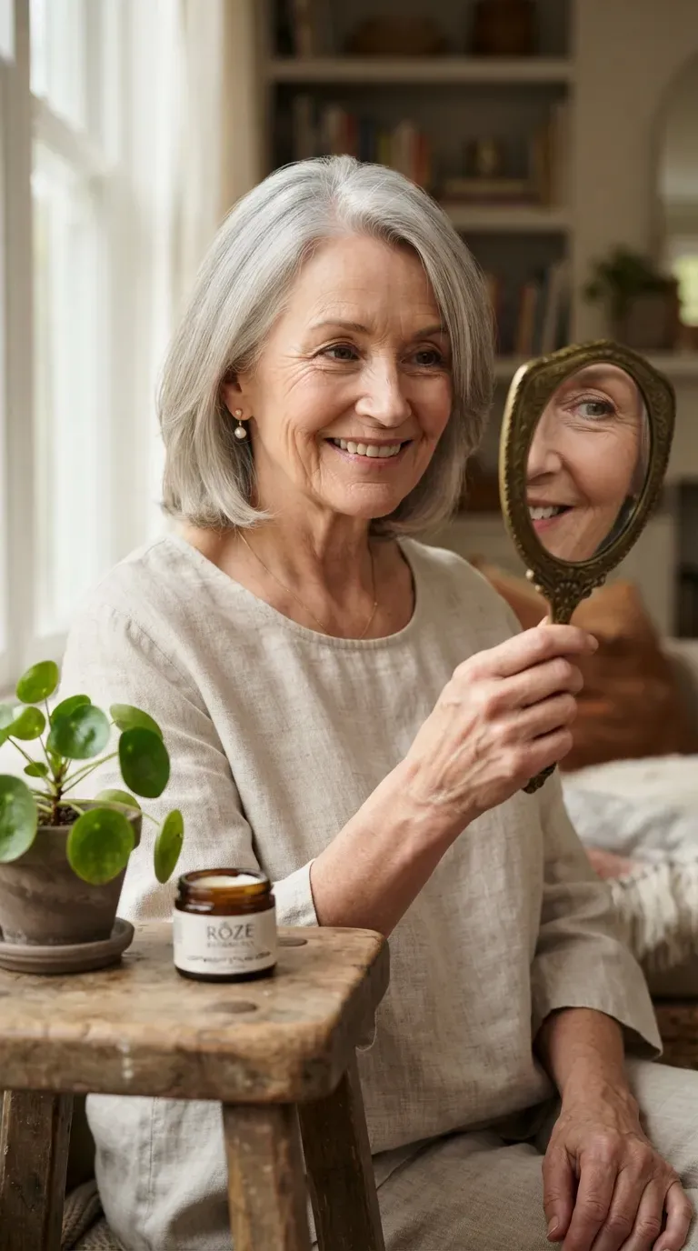 Face-framing bob haircut on an older woman with soft layers around the cheeks
