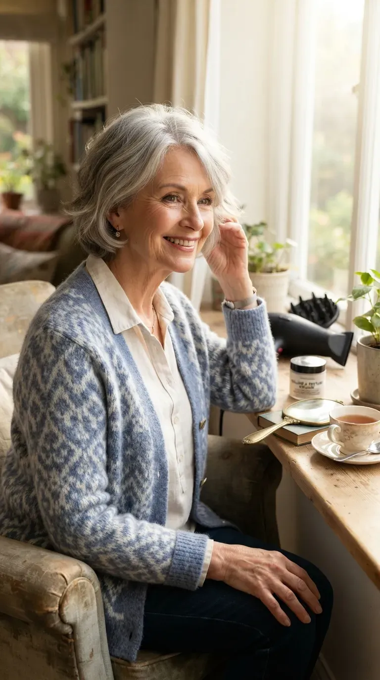 Soft layered crop haircut on an older woman adding gentle movement