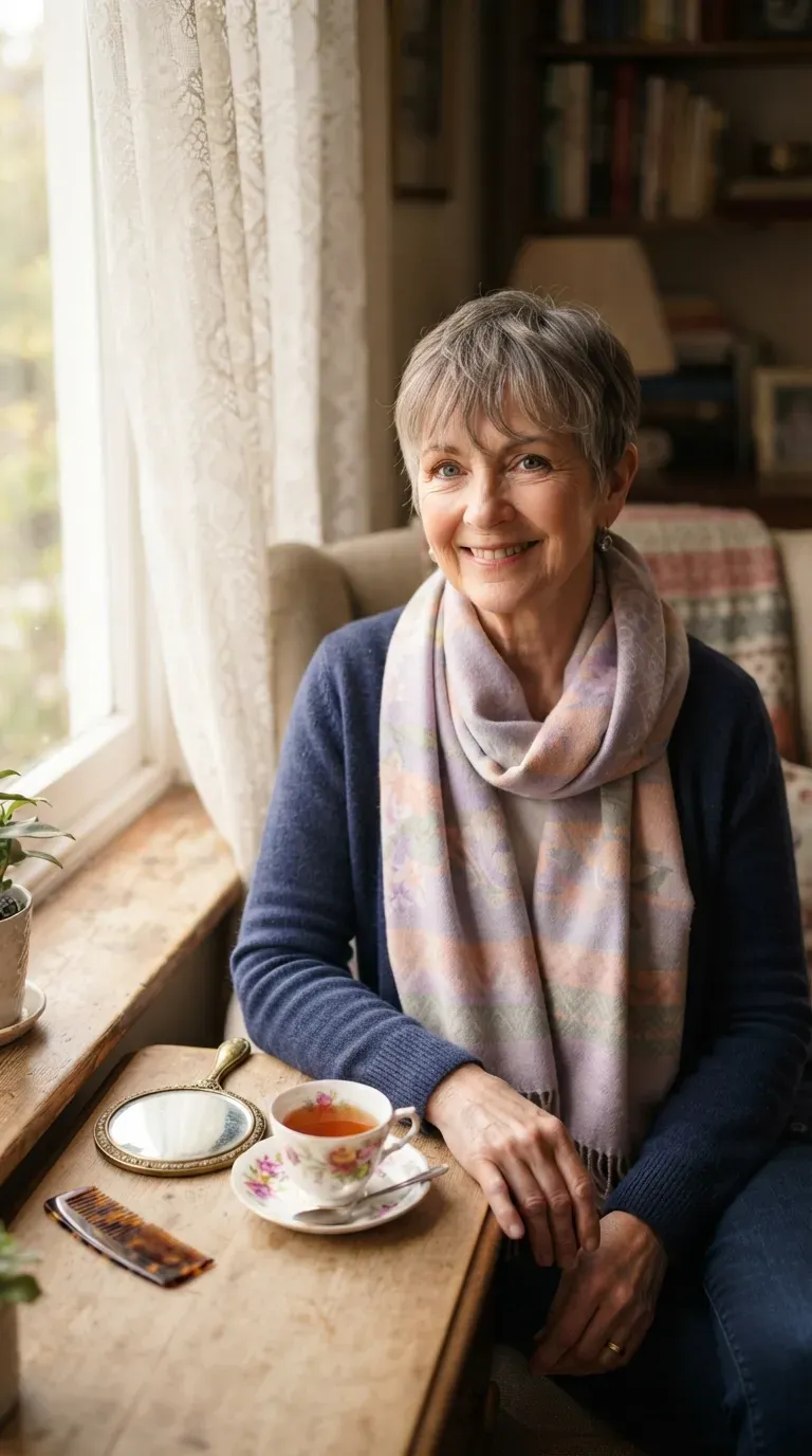 Cropped pixie haircut with soft wispy fringe on an older woman