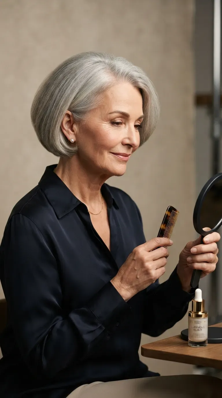 Rounded bob haircut on an older woman with a soft classic shape