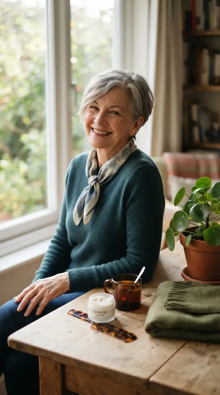 Side-swept pixie haircut on an older woman with soft asymmetry