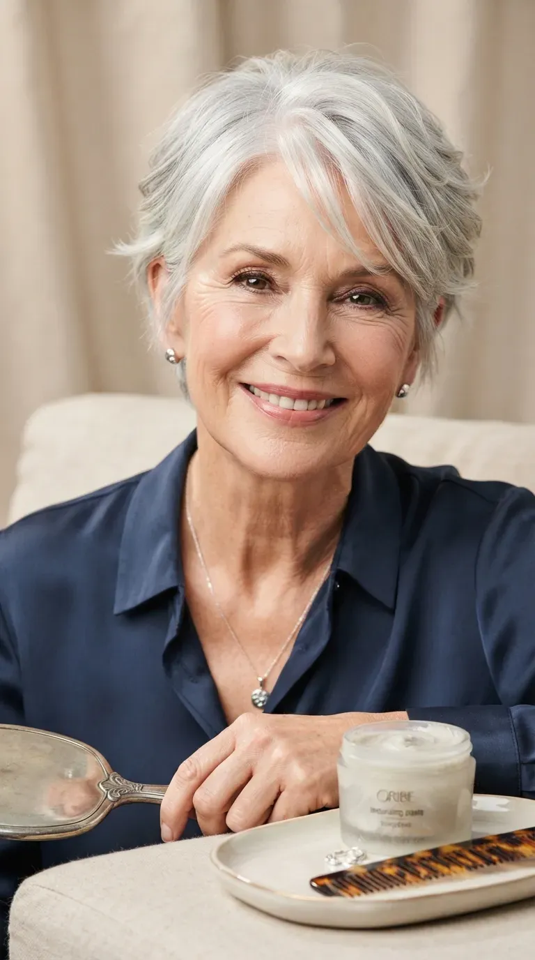 Silver-haired pixie haircut with soft texture on an older woman