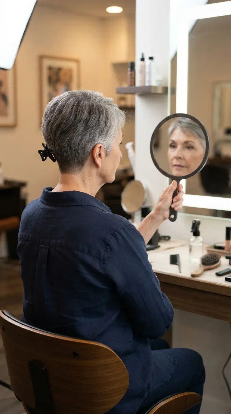 Tapered pixie haircut on an older woman with a clean nape line