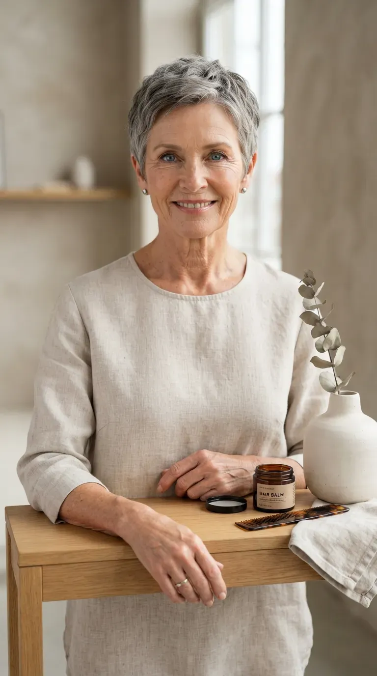 Textured crop haircut on an older woman with piecey definition