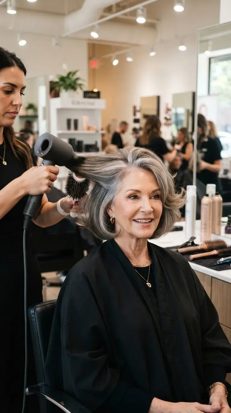 Voluminous chin-length bob haircut on an older woman with lifted roots