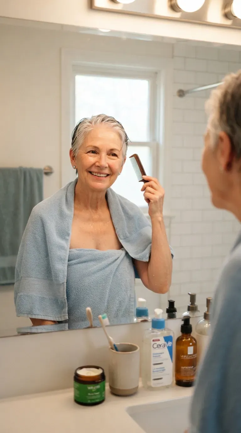 Sleek, low-maintenance wash-and-go crop haircut on an older woman