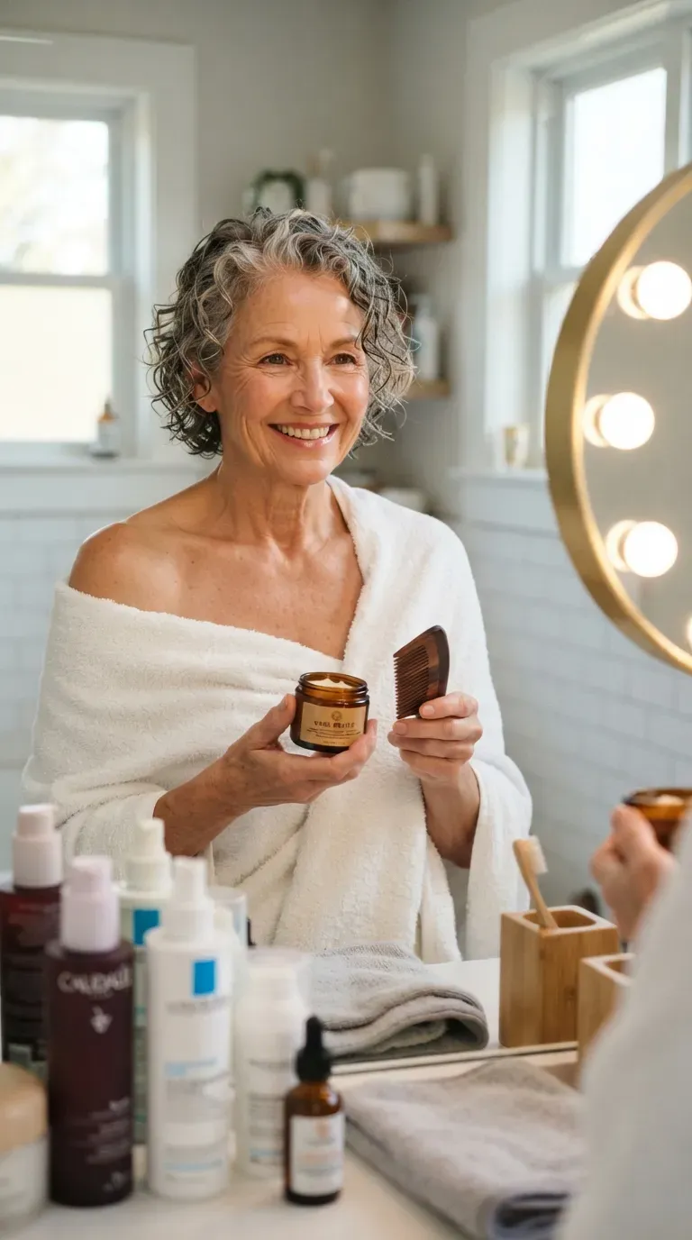 Low-maintenance wash-and-wear curly crop haircut on an older woman