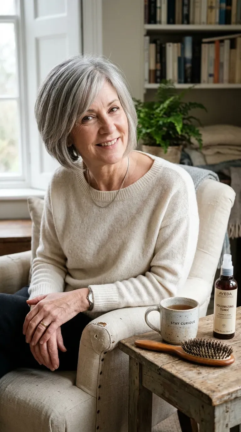 Woman over 60 with a short layered bob showing gentle volume throughout