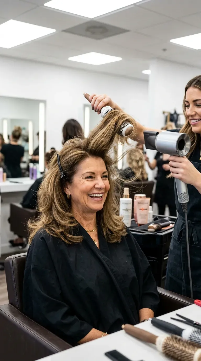 Woman over 60 with a voluminous layered blowout haircut