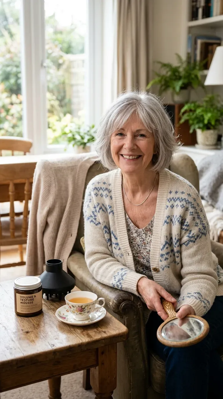 Woman over 60 with a layered bob haircut and gentle movement