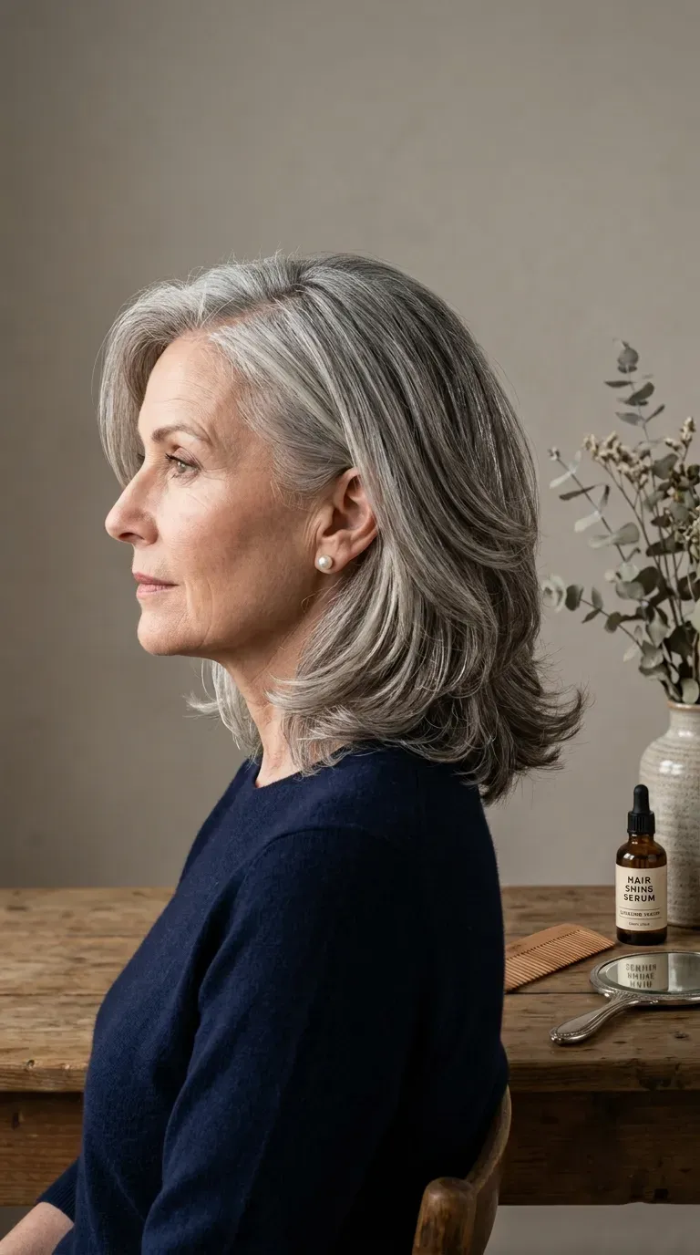 Woman over 60 with a layered haircut styled with a deep side part